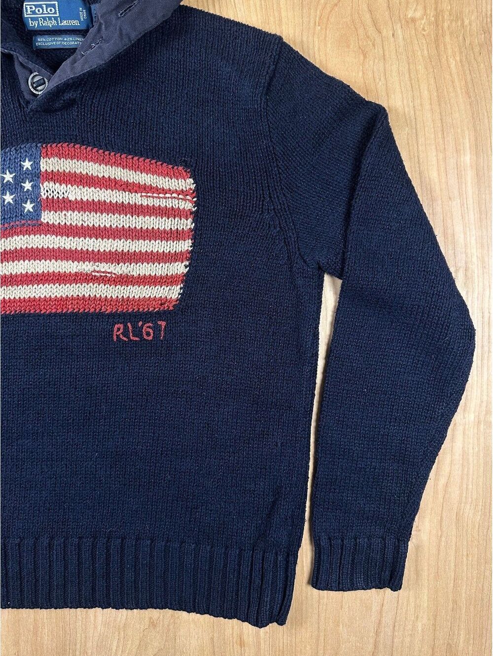 Vintage 90s Ralph Lauren American Flag sweater RL 67 knit cotton linen medium - Picture 5 of 11